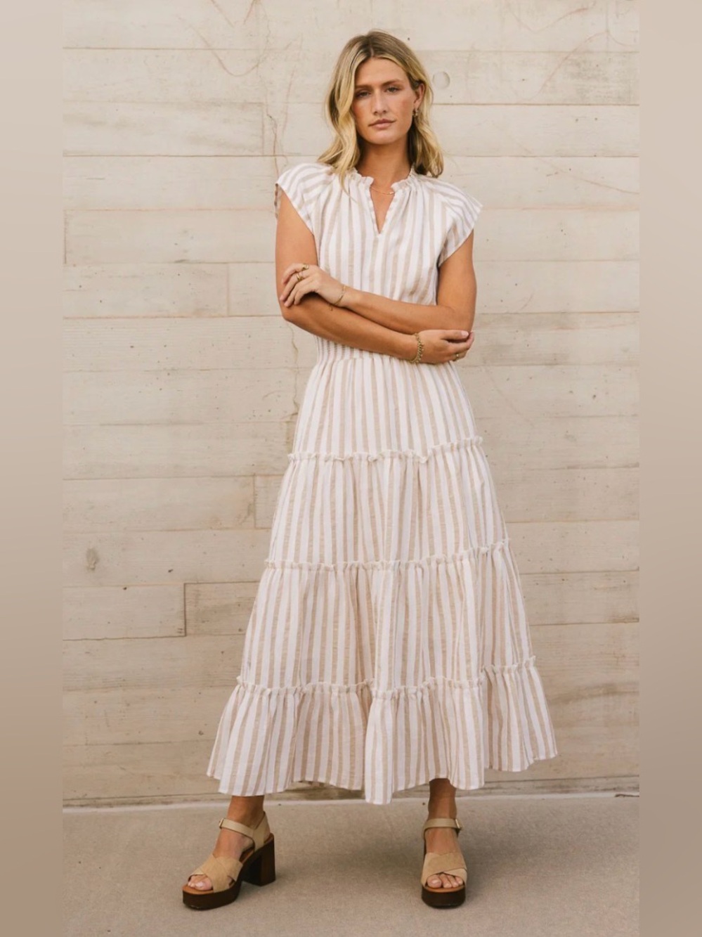 Bohme Claire Striped Maxi Dress in Taupe with Cap Sleeves Cotton Blend Size XS - Picture 10 of 11